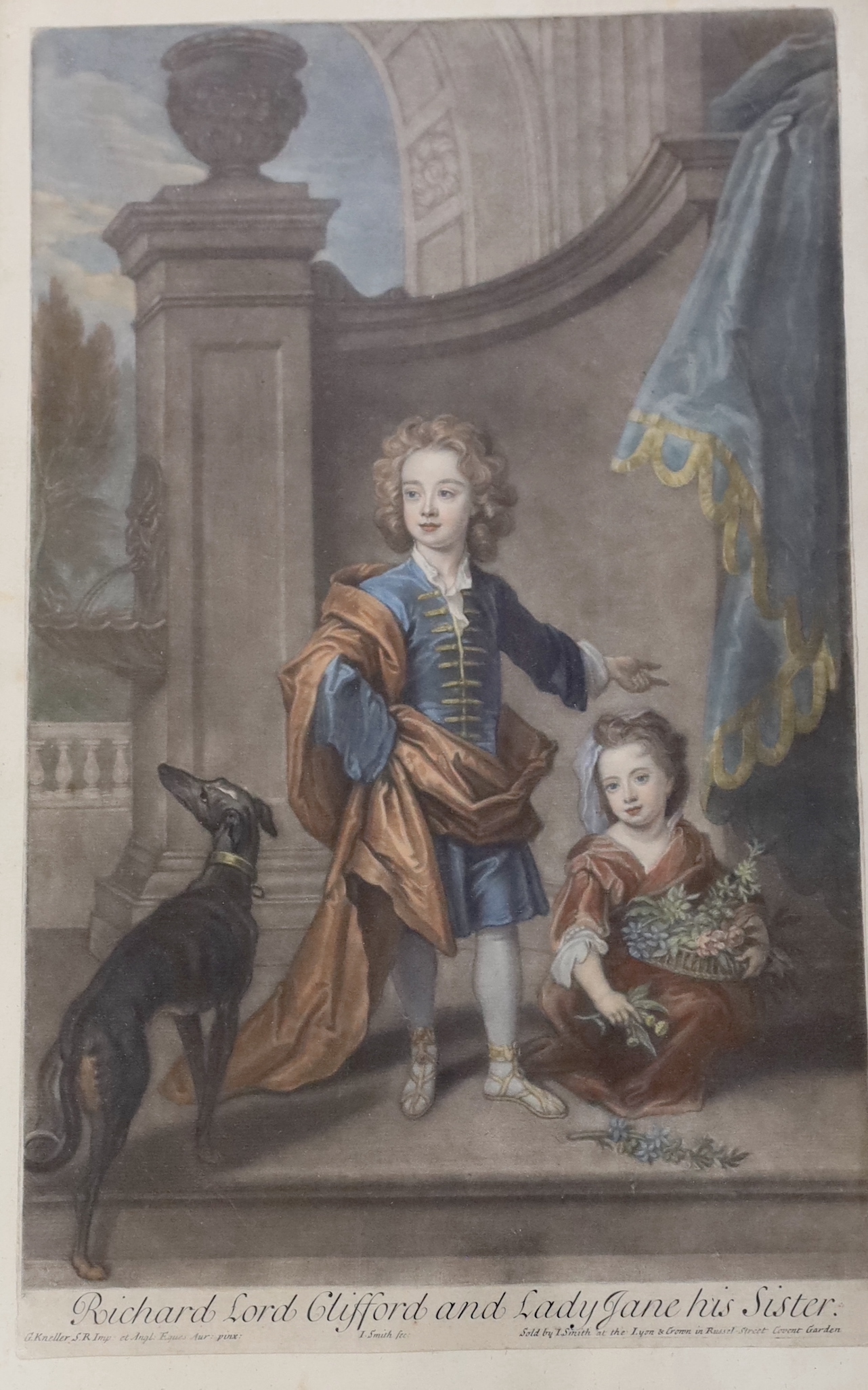 Smith after Kneller, pair of hand coloured mezzotints, 'Lord Buckhurst and Lady Mary Sackvil, his sister' and 'Richard Lord Clifford and Lady Jane, his sister', 40 x 25cm